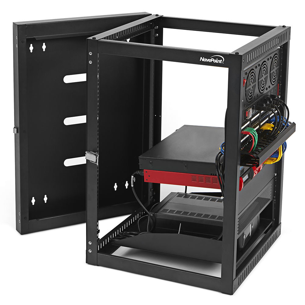 NavePoint's Hinged Open Frame Wall-Mount Network Rack employs a hinged rack design with a rear swing frame that opens to provide convenient access to the back end of standard 19' servers, A/V, network and telecom equipment in offices, network closets, retailers and classrooms.