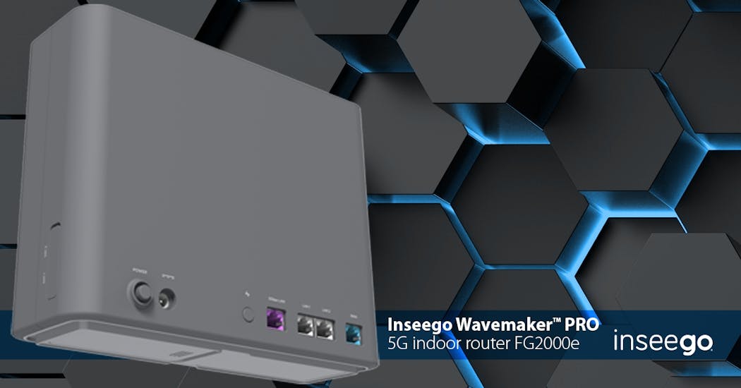 The Wavemaker PRO 5G indoor router FG2000e includes a 5 Gbps Ethernet port, additional LAN and WAN ports, a TS9 port for external antenna, and an RJ-11 port for optional Voice over LTE (VoLTE).