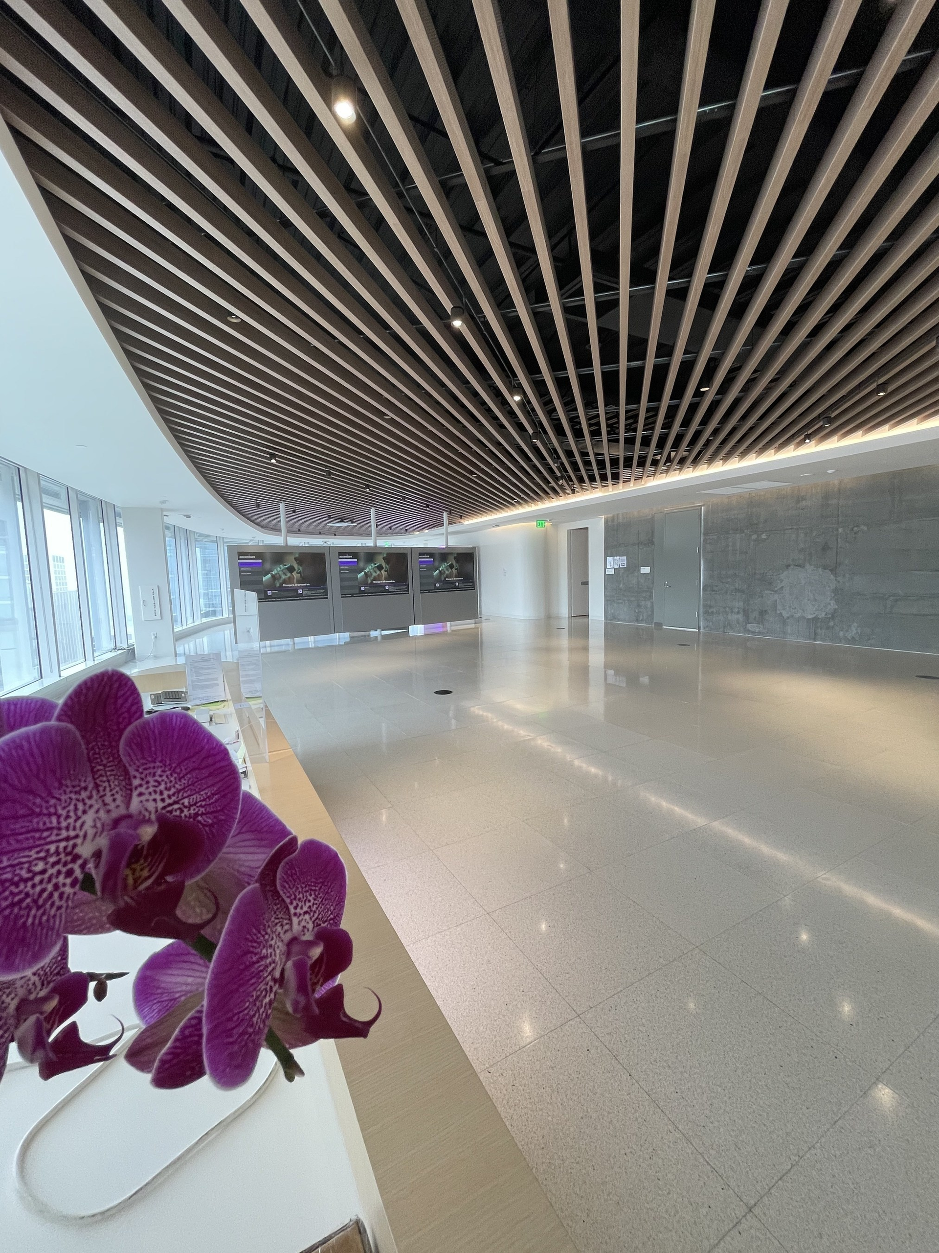 Gleaming terrazzo floating floor at the Salesforce Tower, restored with Nex Systems PAH&copy;, never puts delicate cabling underneath at risk.