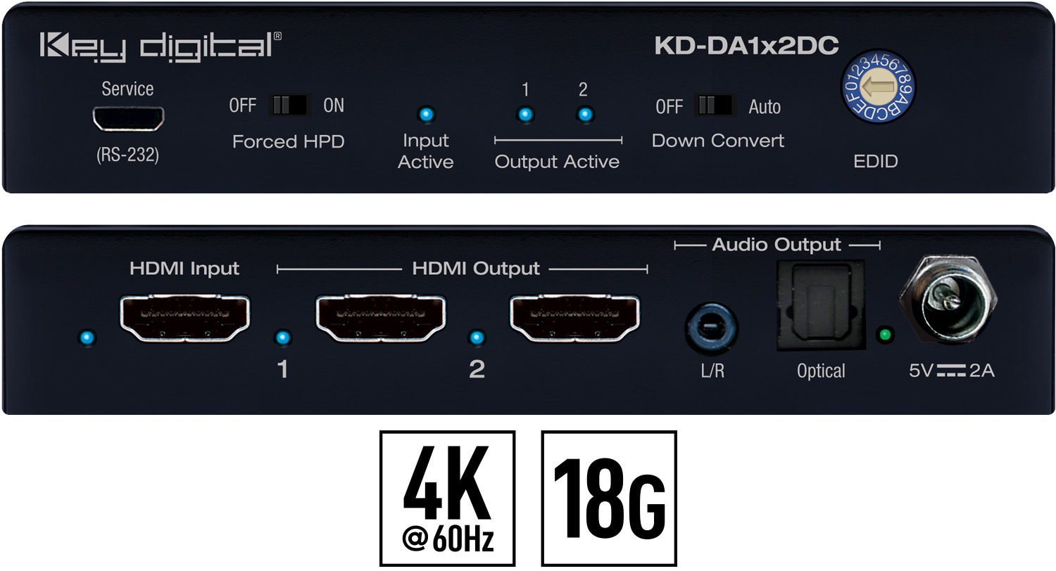 Key Digital's KD-DA1x2DC - 4K 18G HDMI Distribution Amplifier with Audio De-Embed, 4K to 1080p Down-Convert unit