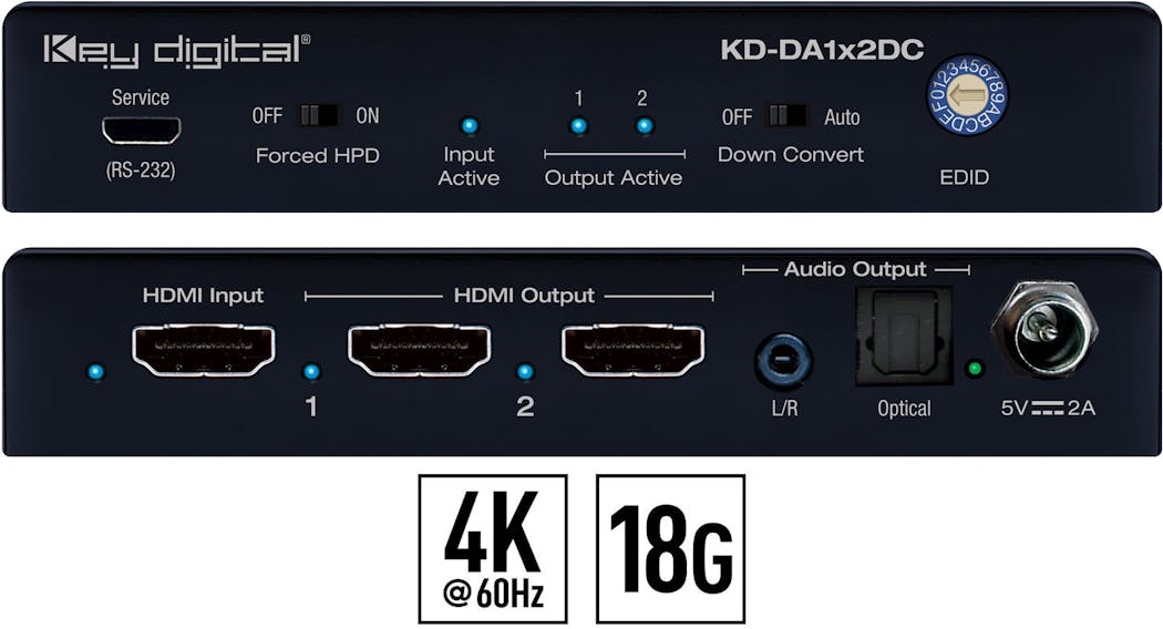 Key Digital&apos;s KD-DA1x2DC - 4K 18G HDMI Distribution Amplifier with Audio De-Embed, 4K to 1080p Down-Convert unit