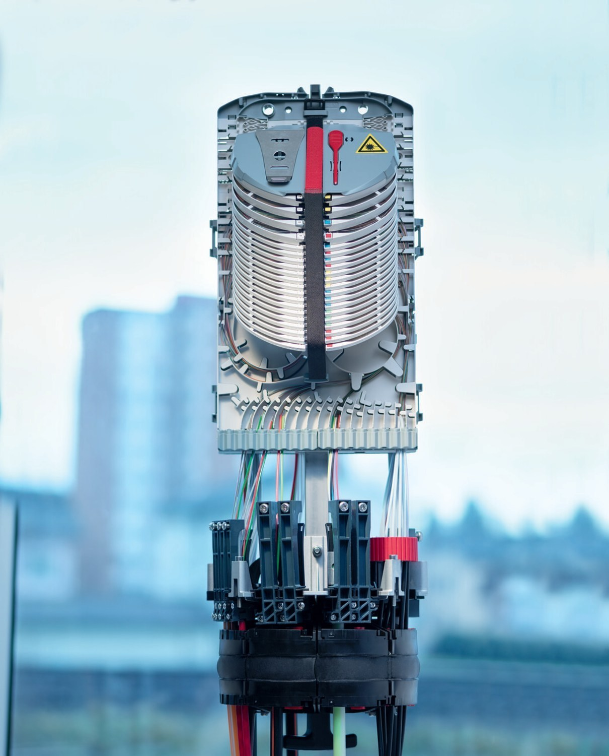 The R&M SYNO dome closure comprises a modular system for cable entries that eliminates the laborious task of threading fiber-optic cables through the closure base. It also eliminates time-consuming sealing using shrink tubes. Instead, integrated blocks made from R&M&rsquo;s SYNO gel technology seal the splice closure. The company says the SYNO dome closure is designed to support dynamic networks requiring modifications at short notice during network operation.