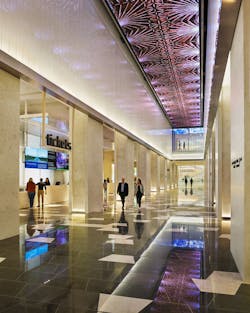 In the Grand Hall, which formerly served as an internal train loading bay, LED displays dominate the 40-foot-high, 140-foot-long ceiling. The ceiling features images of illuminated manuscripts, nature, art, and architecture. In the Grand Hall, which formerly served as an internal train loading bay, LED displays dominate the 40-foot-high, 140-foot-long ceiling. The ceiling features images of illuminated manuscripts, nature, art, and architecture.