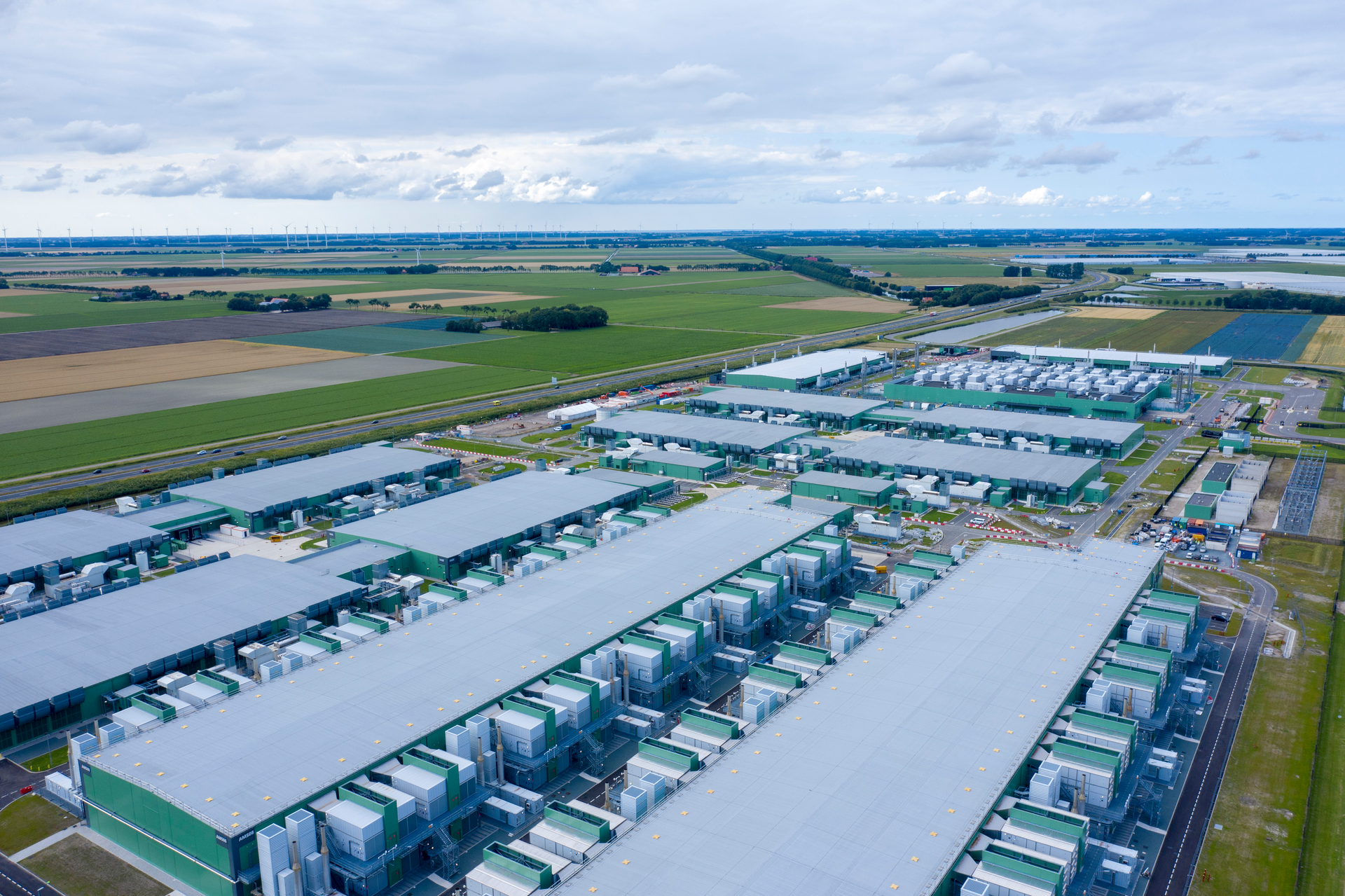 Aerial drone photo of Microsoft's data center in Noordholland, the Netherlands.