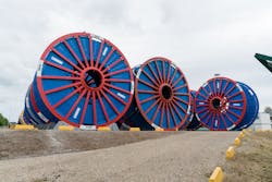Empty subsea umbilical cable reels. (Le Trait, Seine-Maritime / France - August 2019) Empty subsea umbilical cable reels. (Le Trait, Seine-Maritime / France - August 2019)