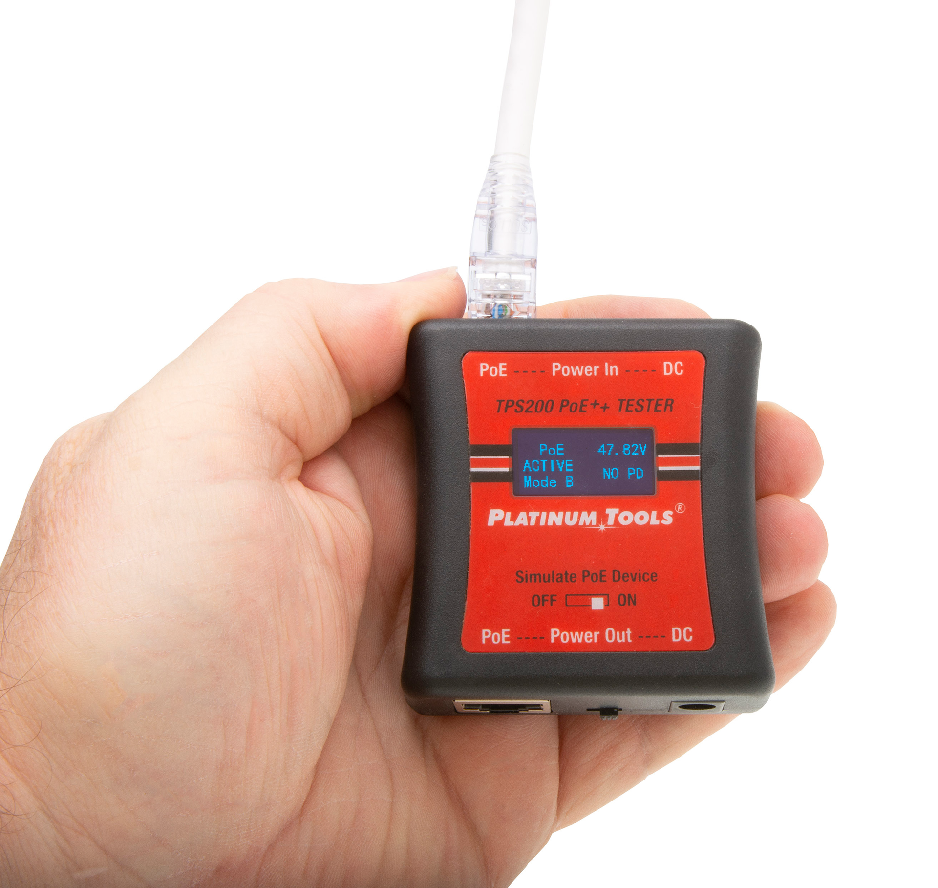 The Platinum Tools TPS200C pocket-sized PoE++ tester.