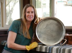 Val restored this antique pan from the Wagons-Lits luxury train line. Val restored this antique pan from the Wagons-Lits luxury train line.