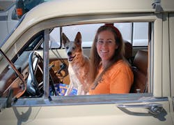 An animal lover her entire life, Val rides off into the sunset, along with her beloved pet, in her vintage Volvo. An animal lover her entire life, Val rides off into the sunset, along with her beloved pet, in her vintage Volvo.