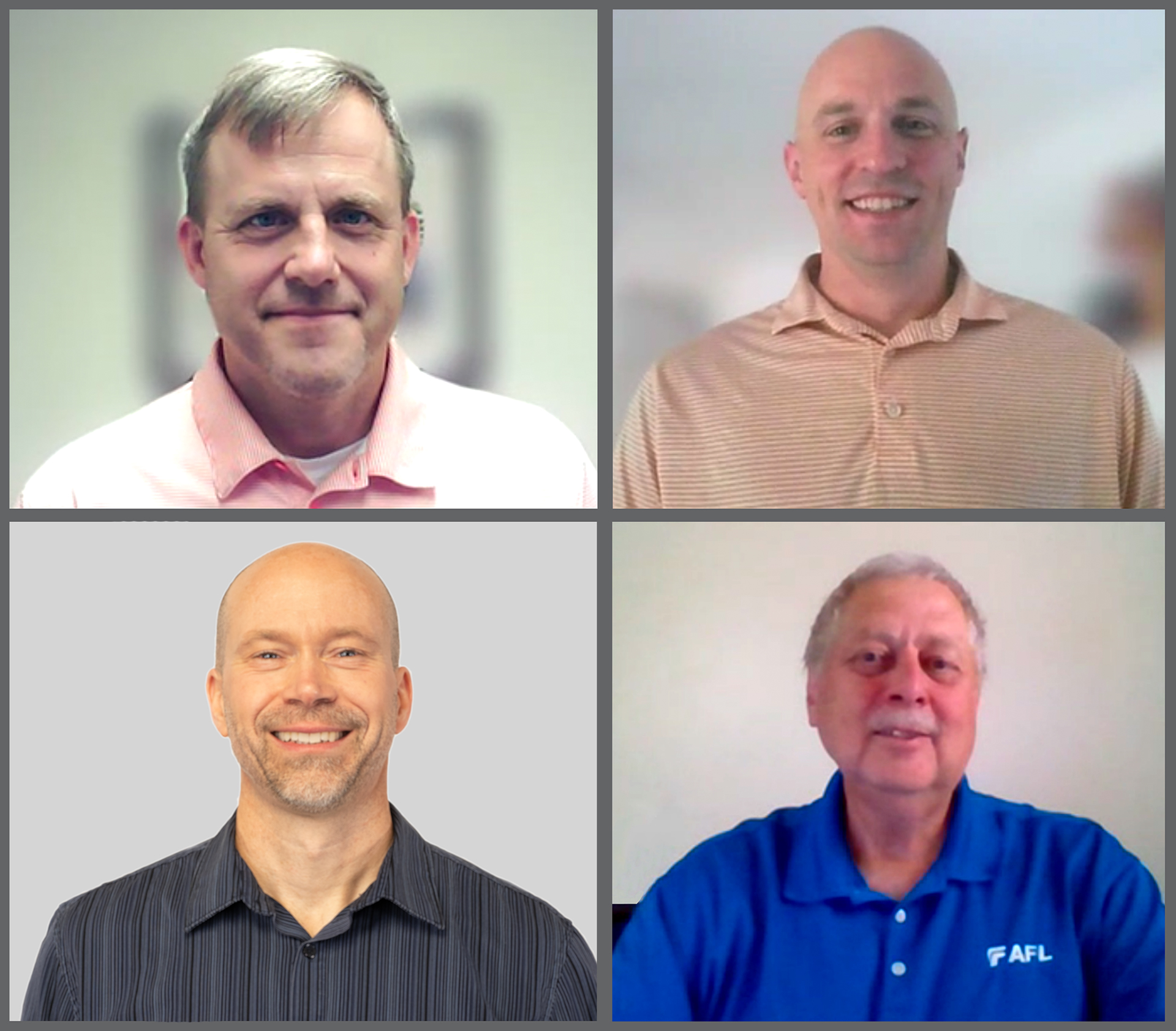 AFL's latest patent recipients pictured (top to bottom, left to right): Brett Villiger, Engineering Director, and Steven Kranz, Technical Sales Development Manager Mark Vogel, Development Program Manager, and Wink Courchaine, Product Development Engineer