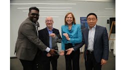 Microsoft recently received UL Verified SPIRE Smart Building Ratings for multiple buildings across several corporate campuses. Pictured left-to-right: Emmanuel Daniel, director, digital transformation and smart buildings, Center of Innovation, Microsoft; Scott Weiskopf, director, global workplace services, Center of Innovation, Microsoft; Jennifer Scanlon, president and CEO, UL Solutions Inc.; Weifang Zhou, EVP and president, testing, inspection and certification, UL Solutions.