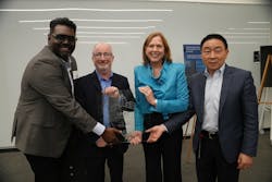 Microsoft recently received UL Verified SPIRE Smart Building Ratings for multiple buildings across several corporate campuses. Pictured left-to-right: Emmanuel Daniel, director, digital transformation and smart buildings, Center of Innovation, Microsoft; Scott Weiskopf, director, global workplace services, Center of Innovation, Microsoft; Jennifer Scanlon, president and CEO, UL Solutions Inc.; Weifang Zhou, EVP and president, testing, inspection and certification, UL Solutions.
