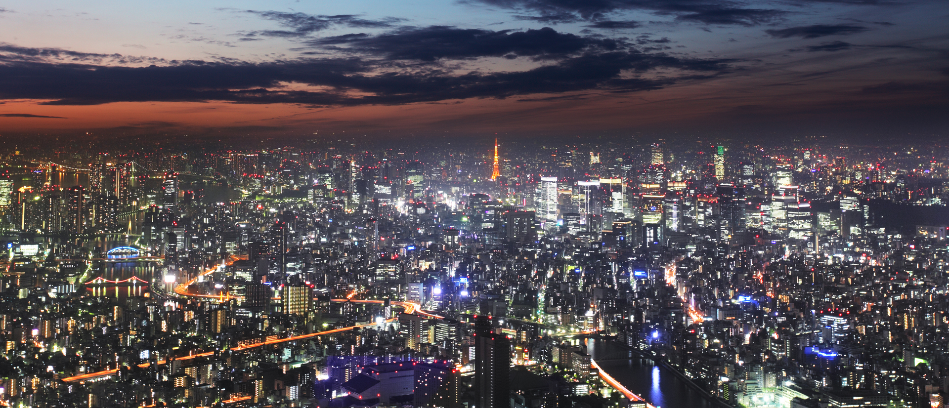 Tokyo skyline panorama at night as seen from Tokyo Tower, Japan.