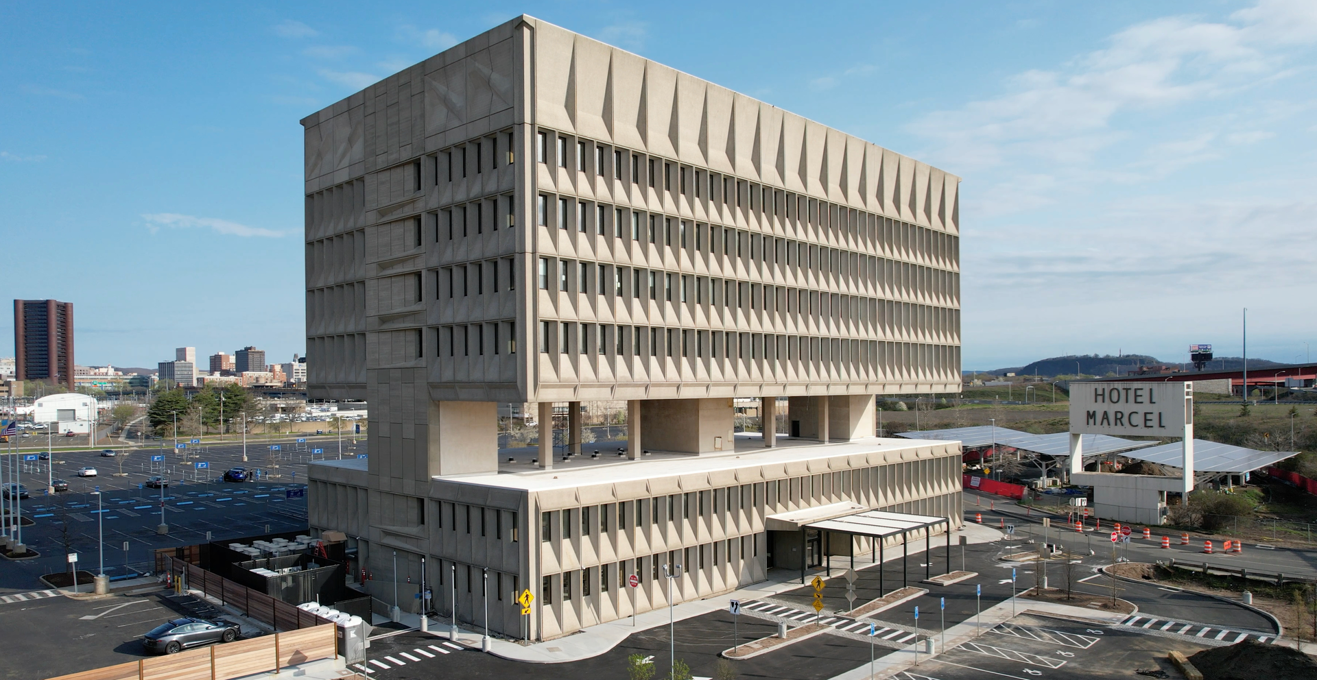 Hotel Marcel has more than 1,000 solar panels on the roof of the nine-story building and the parking canopies to power the entire hotel.