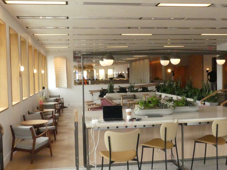 Common areas on the first floor include a sunken lounge, restaurant and bar and reading nooks. All the PoE lighting is connected to nodes with Category 5e cable, including troffers and downlights.