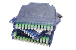 Shown here is one of Clearfield's Clearview Blue fiber cassettes. The translucent blue color allows technicians to detect the red light from a visible fault locator. At one time materials shortages forced Clearfield to consider substituting black material for blue. Shown here is one of Clearfield's Clearview Blue fiber cassettes. The translucent blue color allows technicians to detect the red light from a visible fault locator. At one time materials shortages forced Clearfield to consider substituting black material for blue.