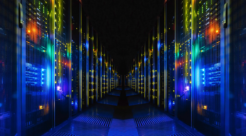 Corridor in a large working data center full of rack servers and supercomputers.