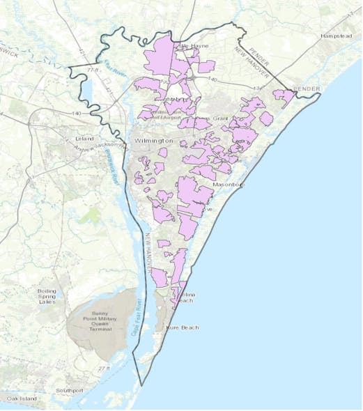 Area of impact where Lumos will initially deploy its 100% fiber-optic internet and home Wi-Fi services in New Hanover County and Wilmington, North Carolina.