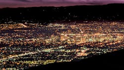 Aerial night view of the brightly illuminated downtown area of San Jose, Silicon Valley, California Aerial night view of the brightly illuminated downtown area of San Jose, Silicon Valley, California