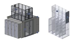 Shown here are Chatsworth Products&rsquo; Elevate Adjustable Containment Solution used in a multiple-row hot-aisle containment configuration (left) and in a single-row vertical exhaust duct configuration (right). In the multiple-row setup, the numbers indicate system parts and/or locations as follows: 1) adjustable containment solution panels, 2) adjustable containment solution end-of-row, 3) aisle containment door assembly, 4) door mounting bracket kit (hidden), 5) aisle containment cabinet to floor seal kit (hidden). In the single-row setup, the numbers indicate system parts 1) adjustable containment solution panels, and 2) adjustable containment solution end-of-row duct panels for row-level vertical exhaust duct (VED).