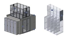 Shown here are Chatsworth Products’ Elevate Adjustable Containment Solution used in a multiple-row hot-aisle containment configuration (left) and in a single-row vertical exhaust duct configuration (right). In the multiple-row setup, the numbers indicate system parts and/or locations as follows: 1) adjustable containment solution panels, 2) adjustable containment solution end-of-row, 3) aisle containment door assembly, 4) door mounting bracket kit (hidden), 5) aisle containment cabinet to floor seal kit (hidden). In the single-row setup, the numbers indicate system parts 1) adjustable containment solution panels, and 2) adjustable containment solution end-of-row duct panels for row-level vertical exhaust duct (VED). Shown here are Chatsworth Products’ Elevate Adjustable Containment Solution used in a multiple-row hot-aisle containment configuration (left) and in a single-row vertical exhaust duct configuration (right). In the multiple-row setup, the numbers indicate system parts and/or locations as follows: 1) adjustable containment solution panels, 2) adjustable containment solution end-of-row, 3) aisle containment door assembly, 4) door mounting bracket kit (hidden), 5) aisle containment cabinet to floor seal kit (hidden). In the single-row setup, the numbers indicate system parts 1) adjustable containment solution panels, and 2) adjustable containment solution end-of-row duct panels for row-level vertical exhaust duct (VED).