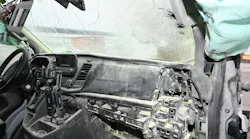 Shown here is the damage done to a Verizon utility van on January 31, 2024, when the driver of another vehicle threw an incendiary device into the van during a road-rage incident in Brooklyn, NY. Photo credit: U.S. Attorney's Office for the Eastern District of New York