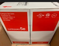 Markings on box of Category 5e cable subject to UL Solutions safety notice Markings on box of Category 5e cable subject to UL Solutions safety notice