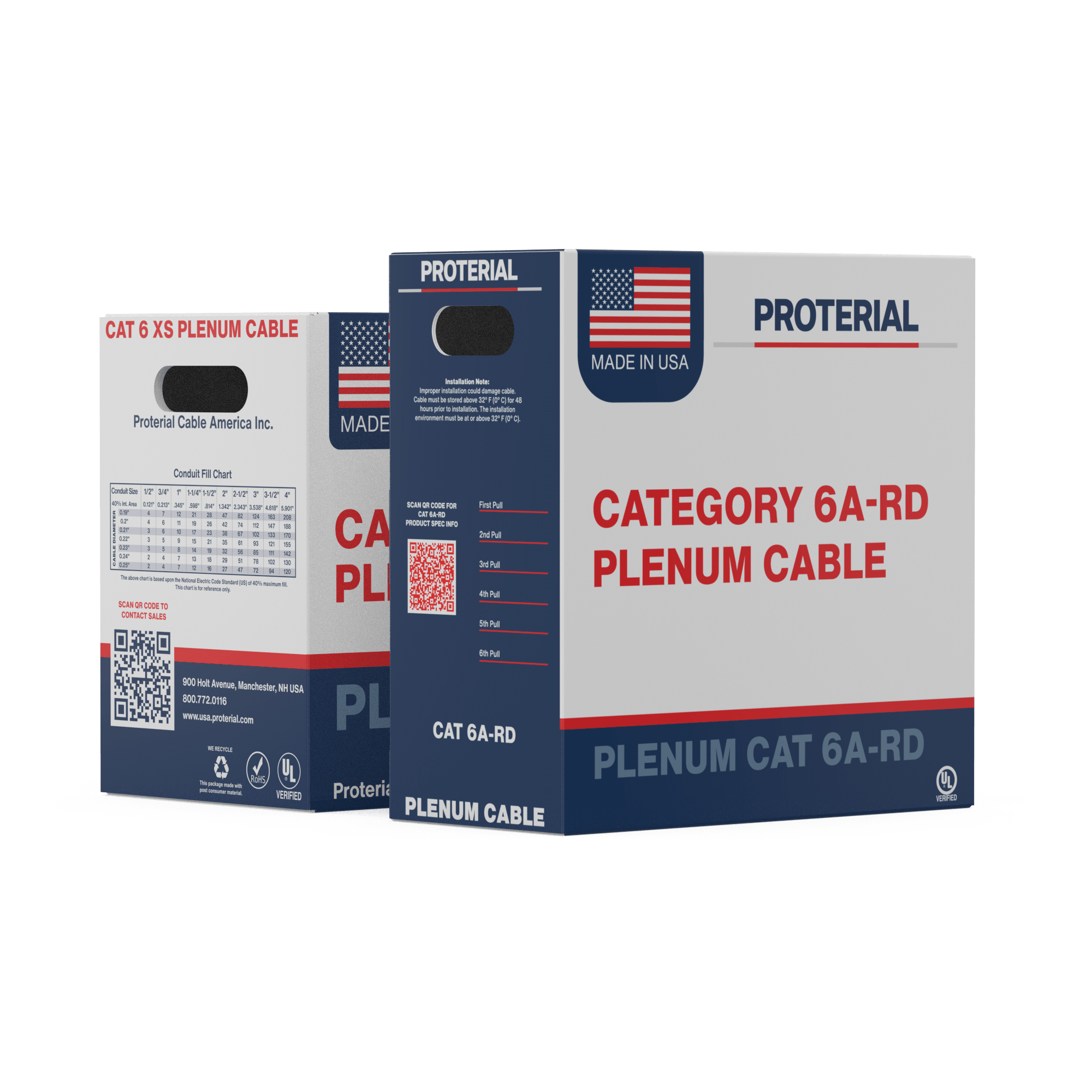 A box of Category 6A cable with an outside diameter of 0.240 inches (right) occupies less space than a box of Category 6A with an OD of 0.270 inches (left).