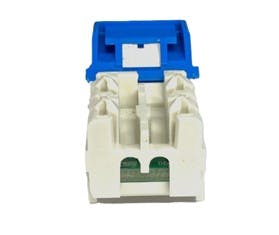 This view shows the rear of a Category 6 connector, prior to the wires of a copper cable being laced into it and prepared for termination.