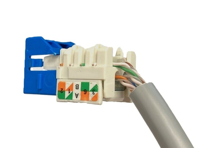 A Category 6 cable terminated to a Category 6 jack. Notice the cable's conductor pairs maintain their twist to within 0.5 inches of the termination point.