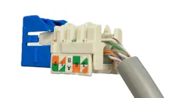 A Category 6 cable terminated to a Category 6 jack. Notice the cable's conductor pairs maintain their twist to within 0.5 inches of the termination point.