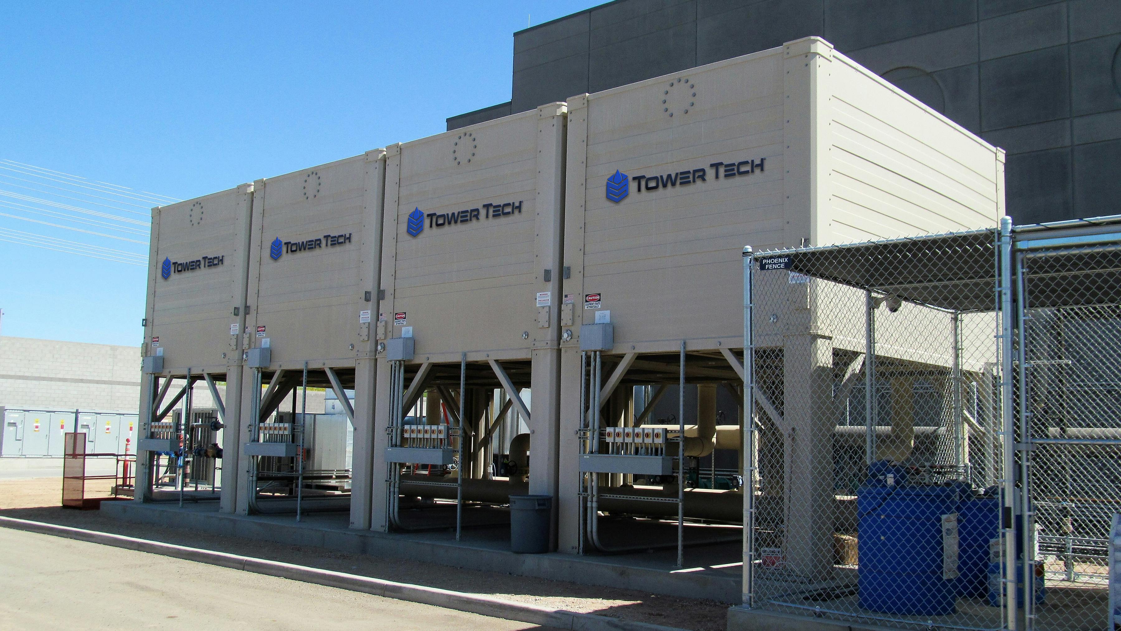 These Tower Tech XR cooling towers use evaporative cooling to remove heat generated within the data center by IT equipment. Composite cooling towers are more compact and significantly lighter than metal towers. They arrive at a data center site pre-built.