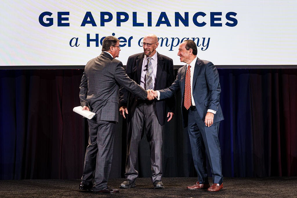 Bill Good, GE Appliances VP of Supply Chain (left); Harry Moser, Reshoring Initiative President (center); Drew Greenblatt, Owner and President, Marlin Steel Wire Products (right).
