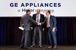 Bill Good, GE Appliances VP of Supply Chain (left); Harry Moser, Reshoring Initiative President (center); Drew Greenblatt, Owner and President, Marlin Steel Wire Products (right). Bill Good, GE Appliances VP of Supply Chain (left); Harry Moser, Reshoring Initiative President (center); Drew Greenblatt, Owner and President, Marlin Steel Wire Products (right).