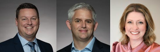 Panduit executives recently appointed to new roles, L to R: Marc Naese, President; Tom Kelly, Chief Technology Officer; Rebecca Hulse, Director of Artificial Intelligence and Digital Strategy.